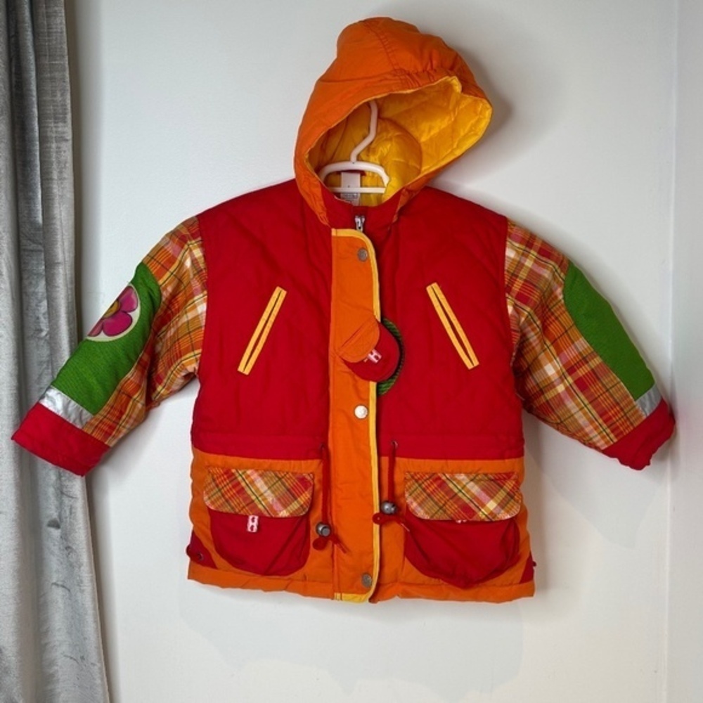 Retro Kidcore Colorblock Puffer Jacket Red, Orange, Green Floral & Plaid Details